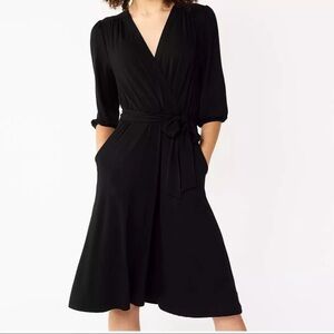 Draper James Black Wrap Dress with V-Neck and Cuffed Sleeves